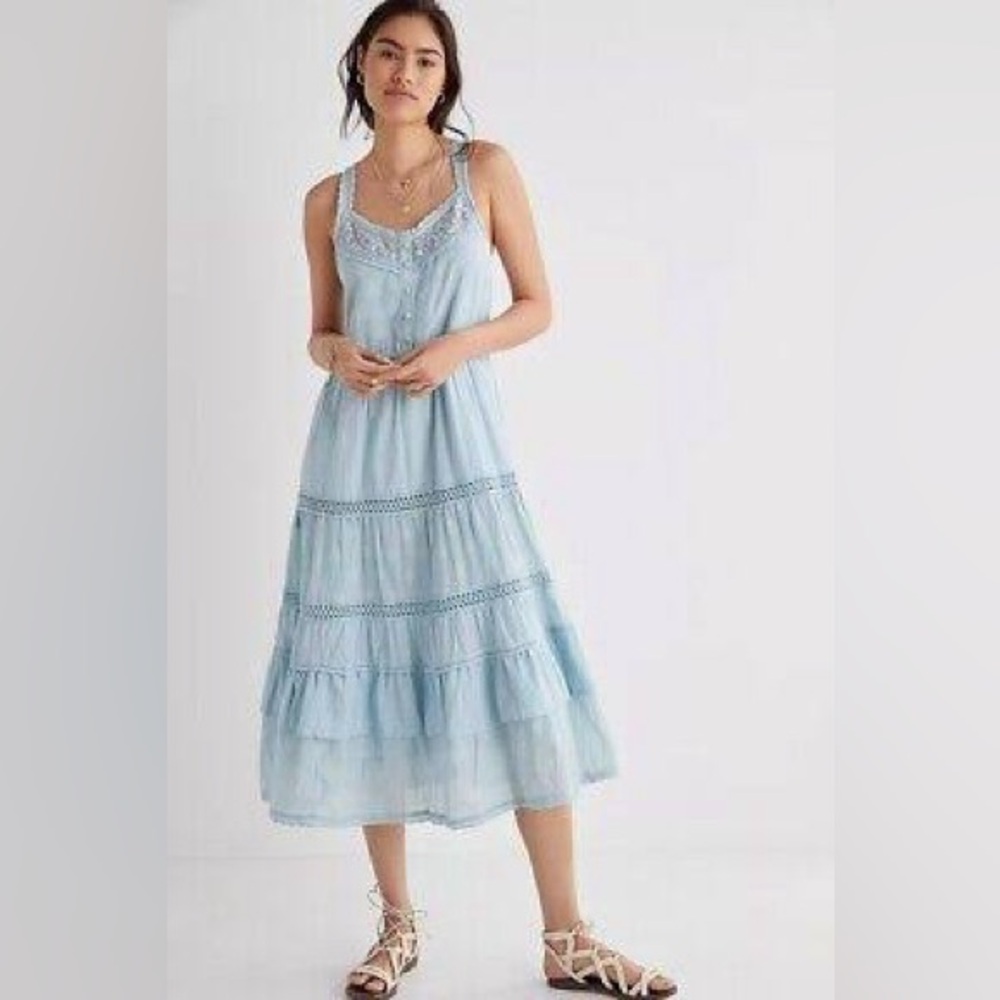 Women's Anthropologie Light Blue Pilcro Lace Tiered Midi Dress Sz Medium